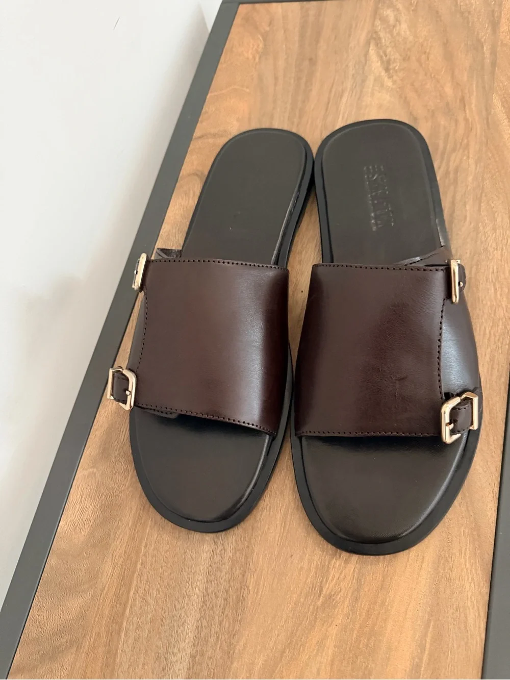 Men's Brown Leather Slide Sandals with Buckle Detail